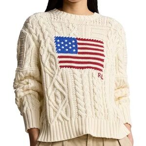 Ralph Lauren Ivory Cable Aran  Knit Sweater with American Flag